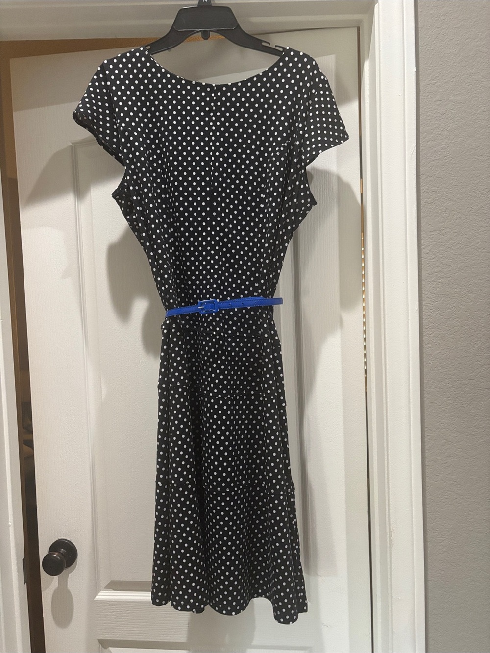 Avenue Black and White Polka Dot Midi Dress with Blue Belt
